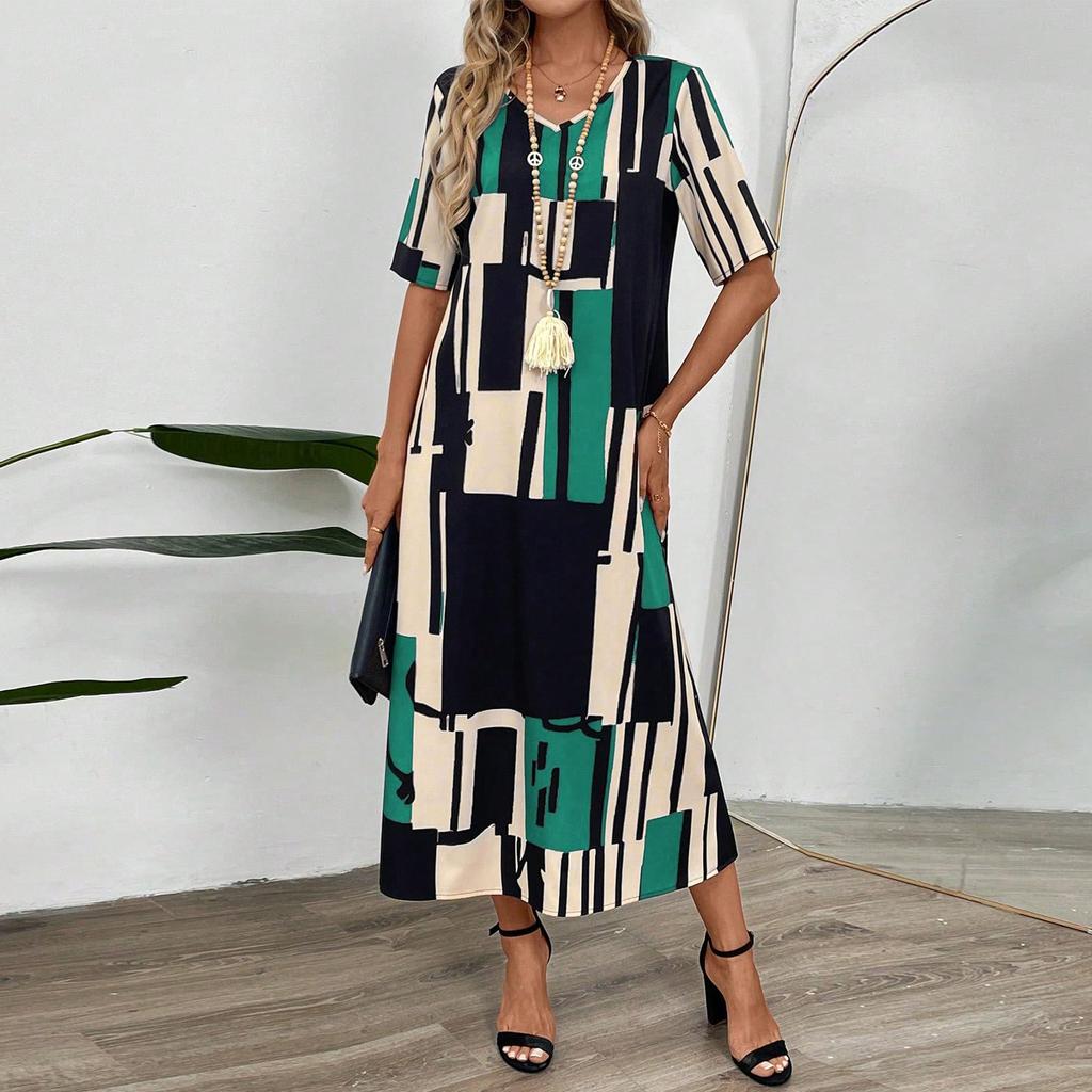 Women's Dresses Casual Printed V-Neck Short Sleeve Loose Long Dresses