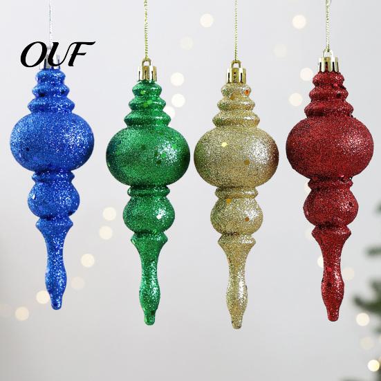 Holiday Party Decoration Accessories 6 Pcs Finial Drop Christmas Ornament, Glitter Shatterproof Plastic Decorative Hanging Ornaments for Home