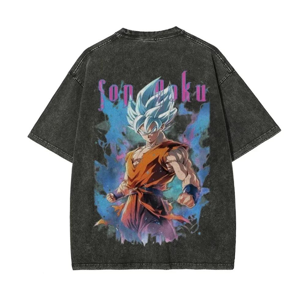 Anime Dragon Ball Z Vegeta Vintage Wash T-Shirt Short Sleeve Loose Sports Fitness T-Shirt Men's Harajuku Clothing Dragon Ball