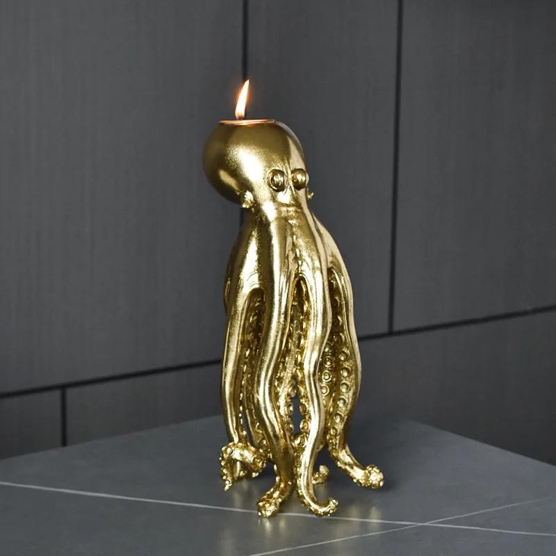 Kerzenhalter aus Harz Kandelaber Kerzenhalter Goldene Oktopus-Skulptur Oktopus-Kerzenständer Sepia Tintenfisch Heimdekoration