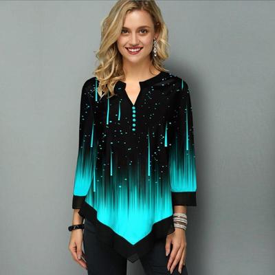 Trend Women's Casual Long Sleeved Floral Gradients Printing V-Neck Shirt Blouses Tunic Tops