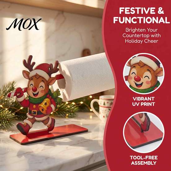 Festive Kitchen Roll Stand Christmas Wooden Napkin Holder, Santa Snowman Reindeer Tabletop Tissue Counter Decor with Sturdy Base, Holiday Paper Towel
