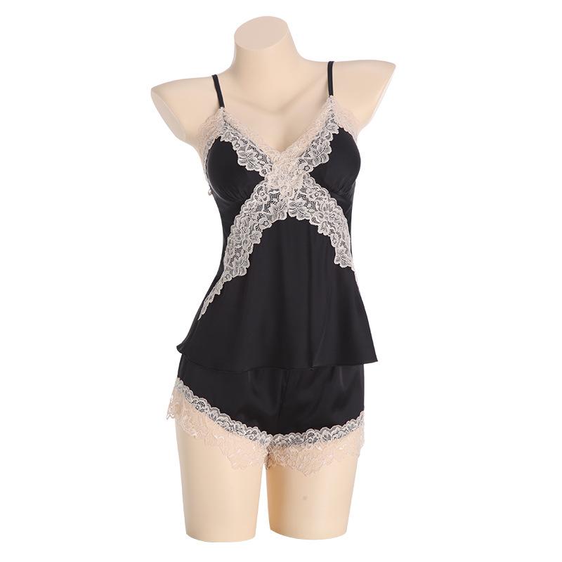Women's Satin Lace Deep V Padded Cami Top Shorts with Robe Lounge Set