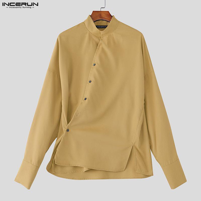 

INCERUN S-5XL Men Casual Stand Neck Long Sleeve Side Buttons Shirts Tops 5XL хаки