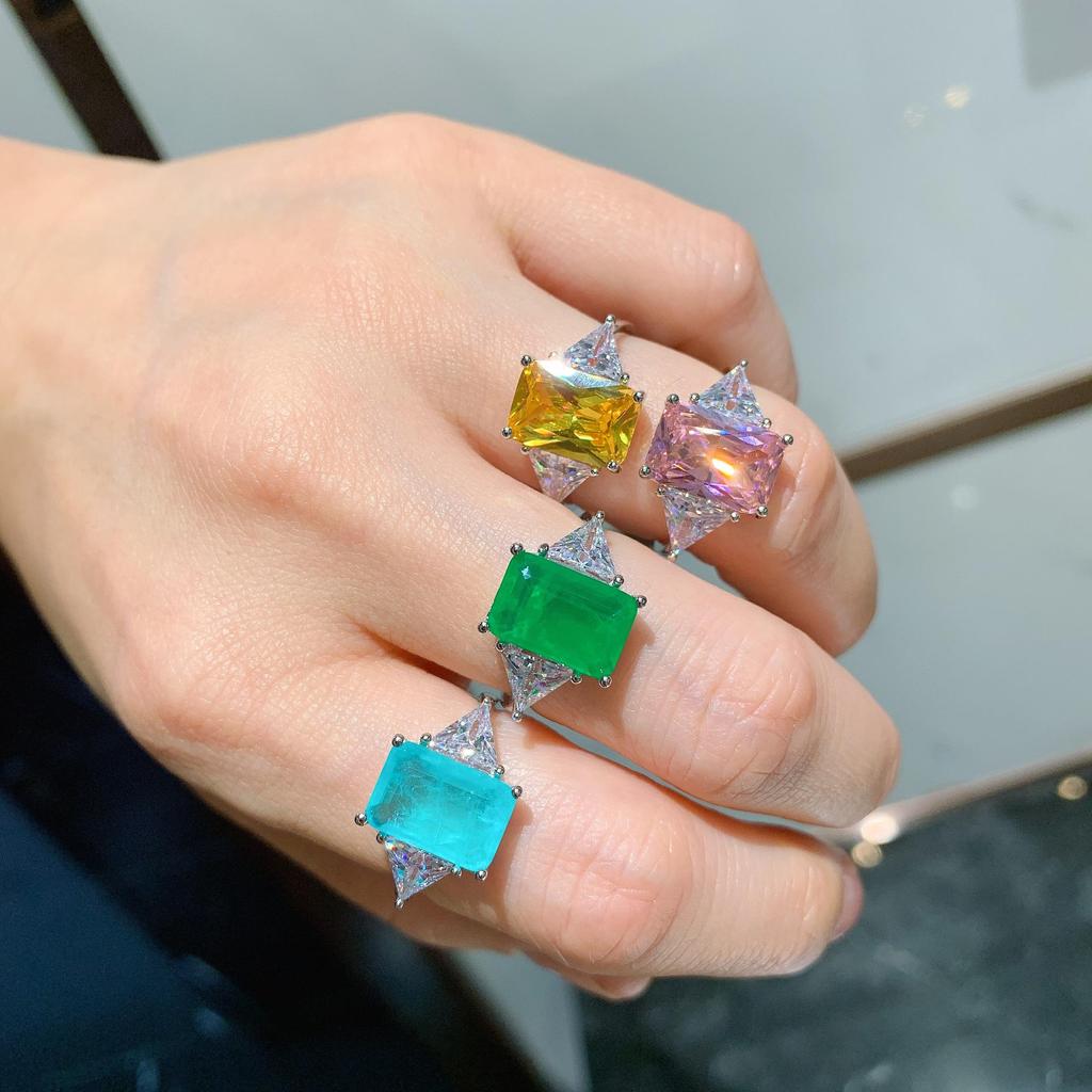 European-American Rectangular Paraiba Zircon Ring - Women's Emerald Imitation Ring