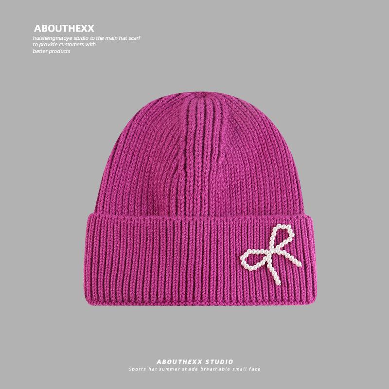 Pearl Bow Autumn and Winter Warm Woolen Hat for Women Korean Knitted Hat Showing Face Small Versatile Couple Pullover Cold Hat