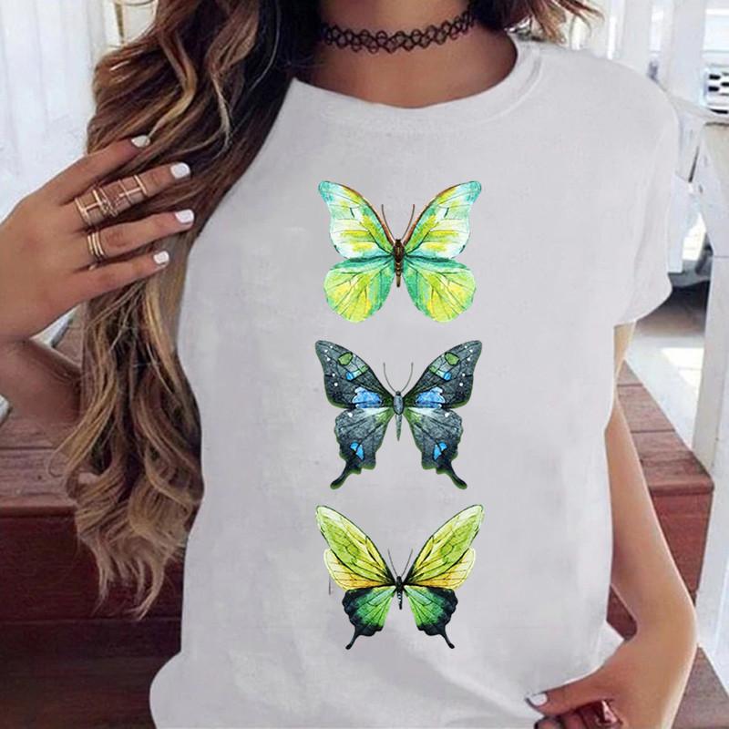 Women's Butterfly Tree Printed Harajuku Summer T-shirt Casual Round Neck Short Sleeve Top T-shirt Fashion Versatile Clothing