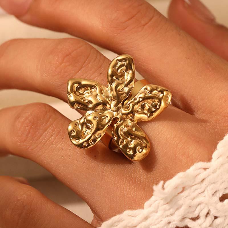 Stainless Steel Gold Color Flower Rings for Women Men Geometric Irregular Texture Opening Adjustable Finger Rings Jewelry Gifts