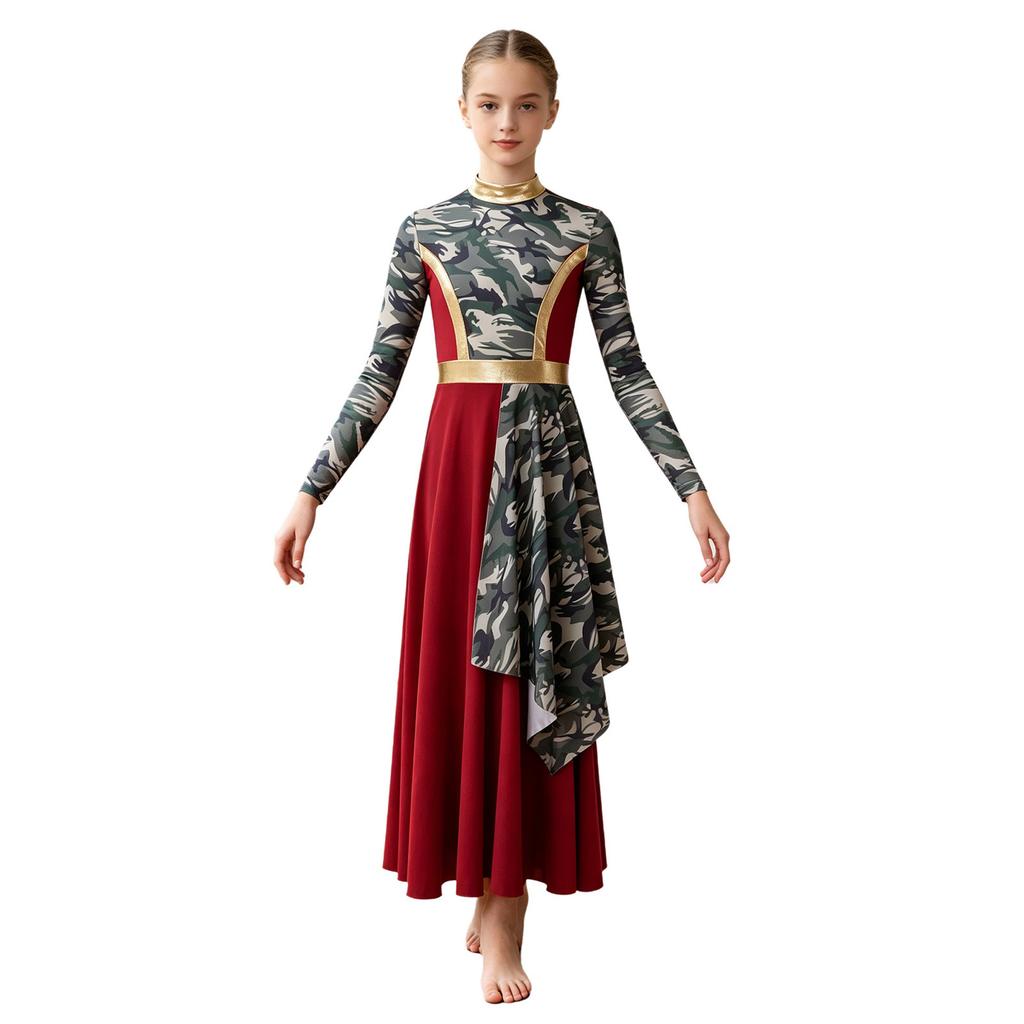 Kids Praise Dance Costume Mock Neck Long Sleeve Printed Asymmetrical Drape Hem Back Zipper Dress for Liturgical Worship Performance