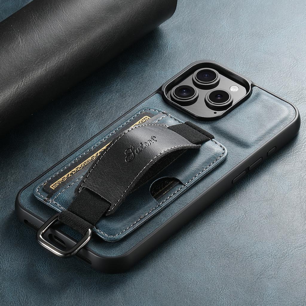 SUTENI H13 For iPhone 16 Pro Max Case Card Holder Wristband Waxy Texture Leather+TPU+PC Cover
