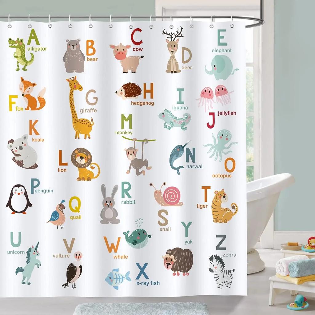 Cartoon Animal Alphabet Shower Curtain Kids ABC Educational Learning Tools Baby Girls Boys Colourful Bath Curtain Bathroom Dec