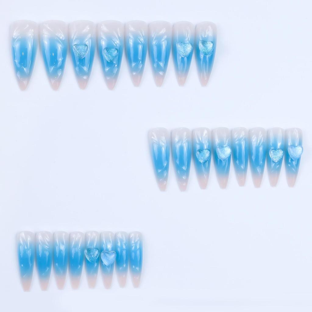 Blue Heart Gradient 3D Wearable Almond Shape Nails