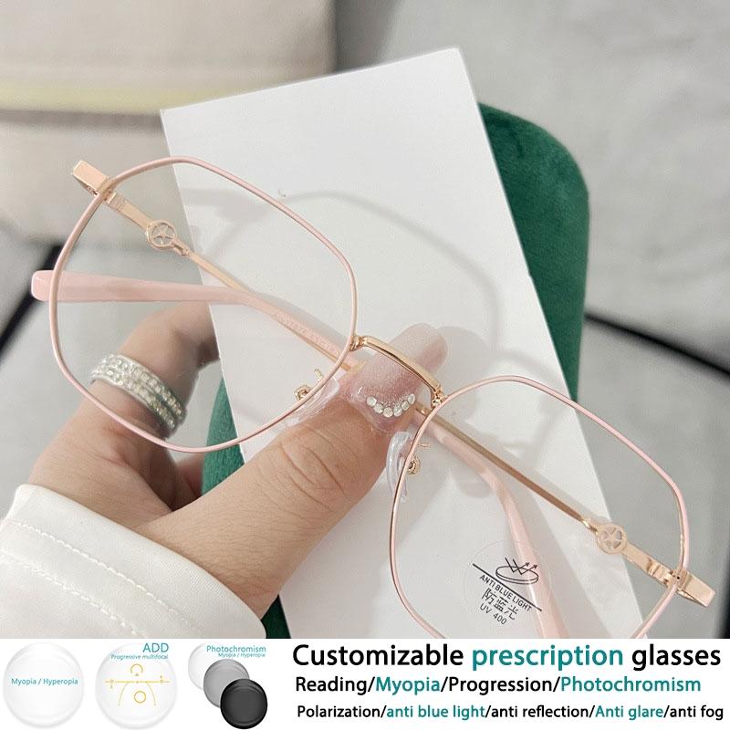 

Большие металлические очки для чтения, женские модные круглые оптические очки из смолы для пресбиопии, индивидуальные диоптрии +50~+600 #302867 0 розовый