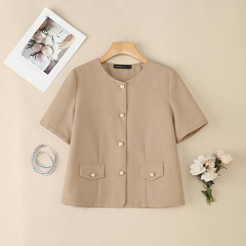 ZANZEA Lässige Damenbluse mit Rundhalsausschnitt und kurzen Ärmeln für den Sommer