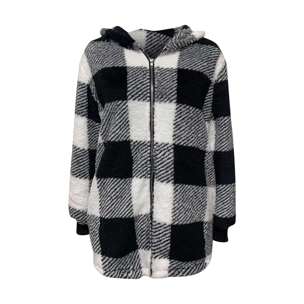 Women's Casual Plush Long Sleeve Plaid Hooded Zipper With Pocket Loose Coat