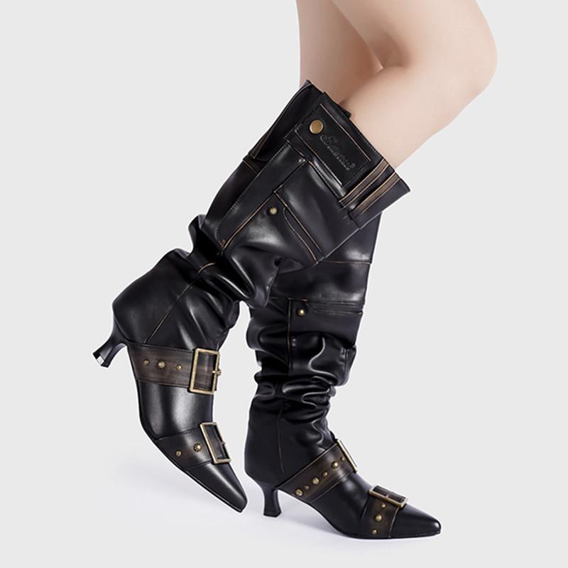 Fashion Pointed Toe Belt Buckle Metal Rivet Women Knee High Boots Autumn Winter Patent Leather High Heels Boots Shoes