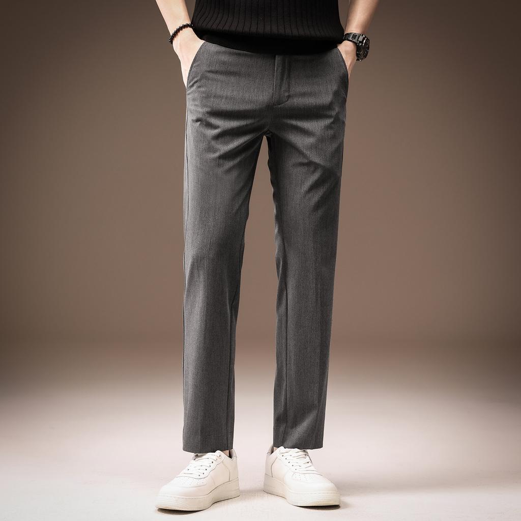 High-end French business ice silk cool slim-fitting pants men's summer thin drape straight casual nine-point pants