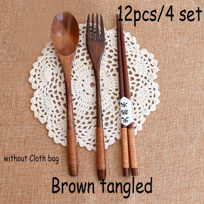 Wood Portable Tableware Wooden Cutlery Sets Travel Dinnerware Suit Environmental with Cloth Pack Gift