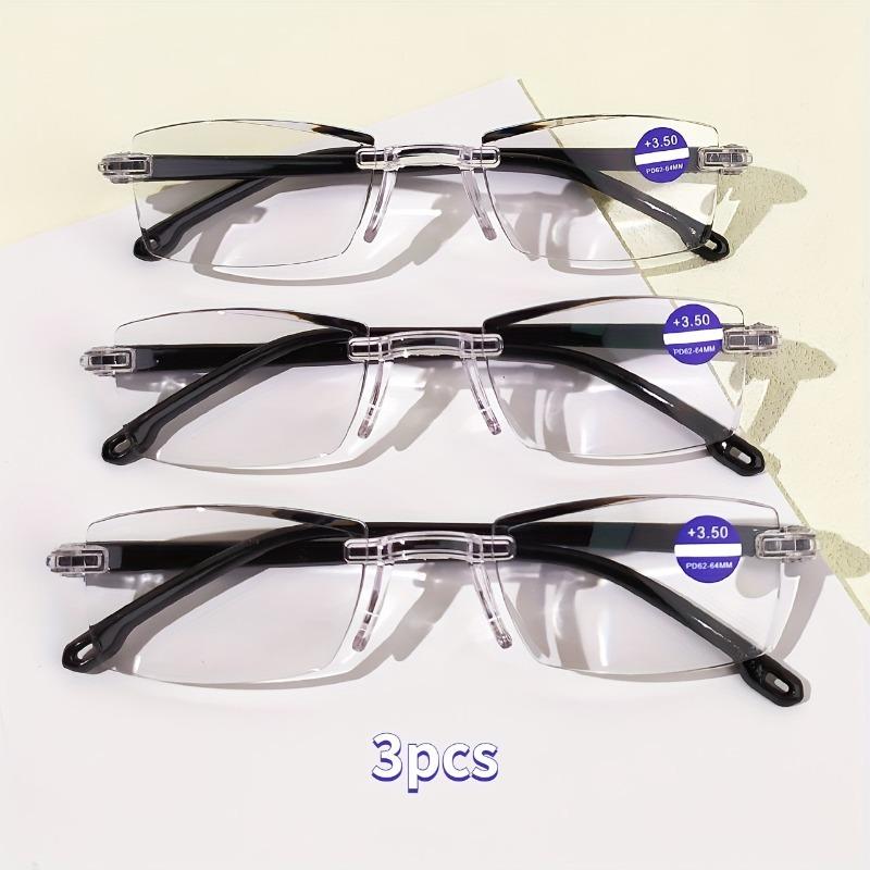 3-piece set of men's and women's presbyopia glasses - stylish frameless rectangular frame prescription+1.0 to+4.0
