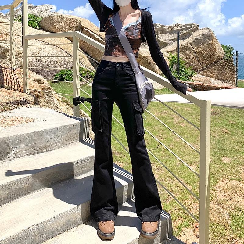 Women's Gray Micro-Flare High-Waisted Cargo Pants, 2025 Spring/Summer Collection - Slimming Multi-Pocket, Floor-Length