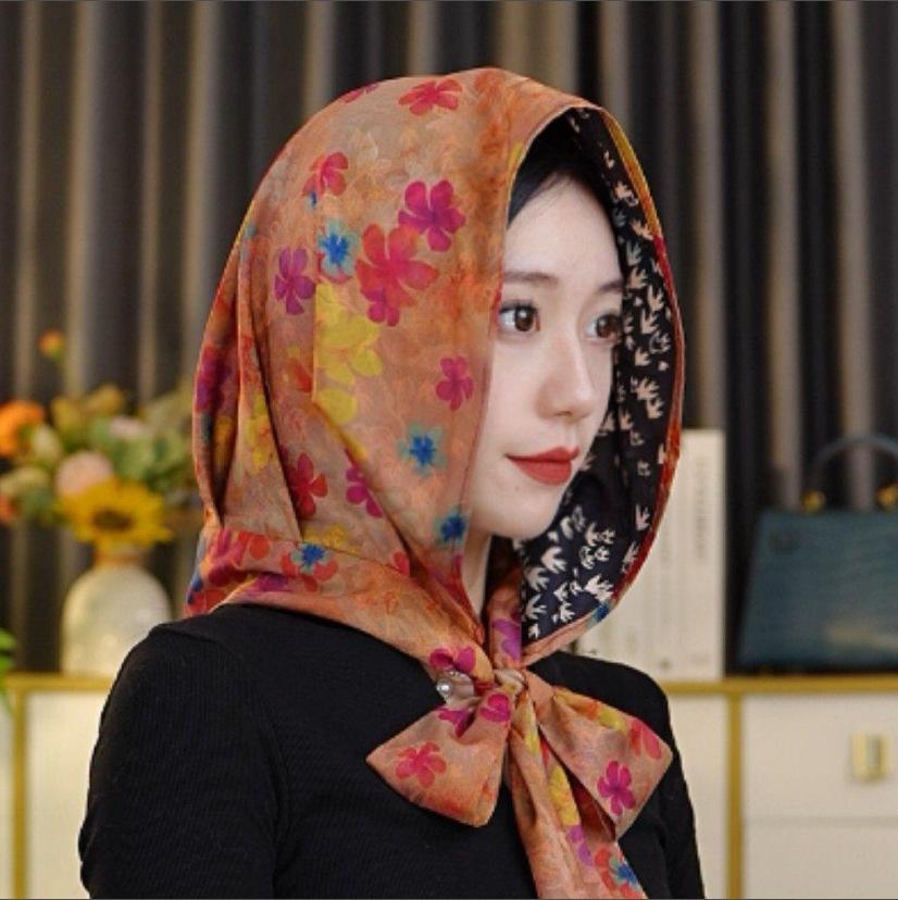 Spring and summer new double-layer double-sided satin silk scarf, hat, sunscreen headscarf, hat, streamer temperament, bag head hat, Feiling