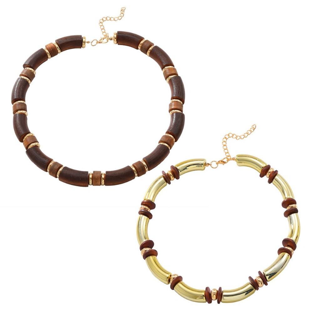 Exaggerated Necklace Bracelet Set Gold Plated Neck Chain Brown Wood Bracelet Female Jewelry Set