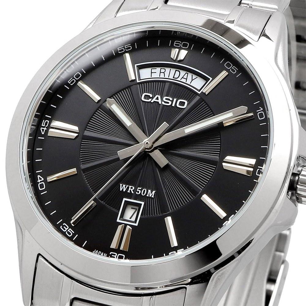 Casio MTP-1381D-1AV Analog Quartz Men's Wristwatch Silver Metal Band Black