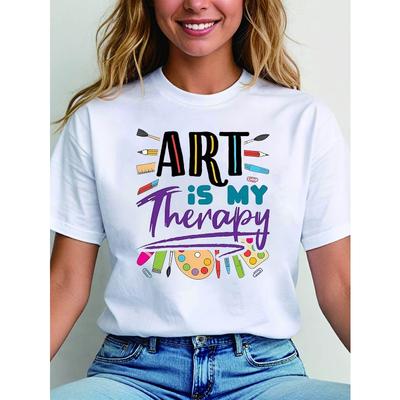 Art Is My Therapy Colorful Art Supply Graphic Print Women'S Short_Sleeve Crew Neck Casual T_Shirt for Spring and Summer, Daily Styling,