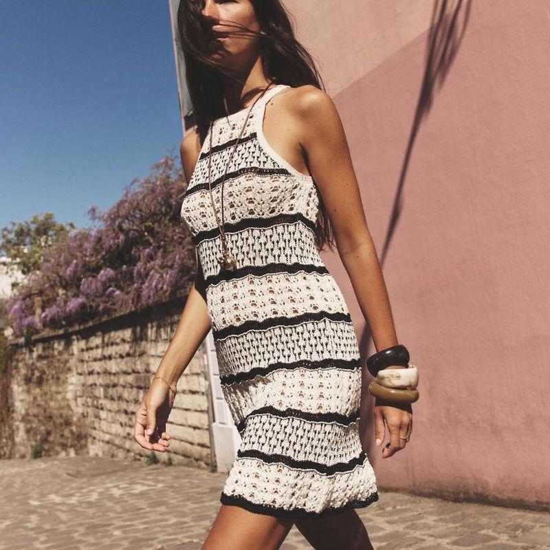 Zbzr Spring New Women Clothes Western Style Sleeveless Halterneck Skirt Short Knitted Stripes Dress 3991011