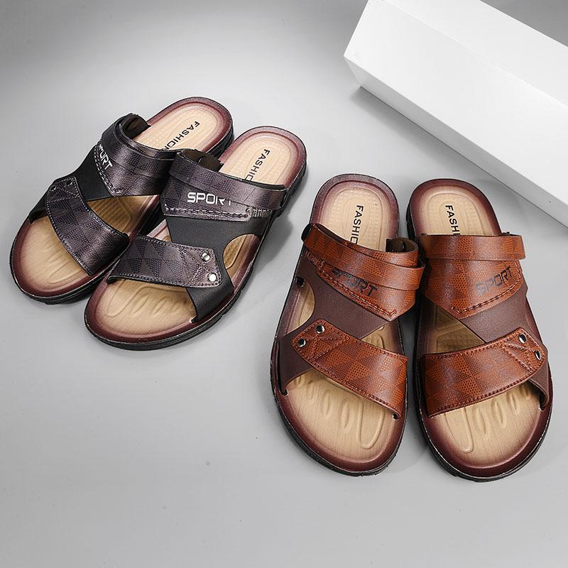Leather Sandals for Men Summer Beach Shoes Men's Casual Slippers Non-slip Open-toe Sandals Shoes Male