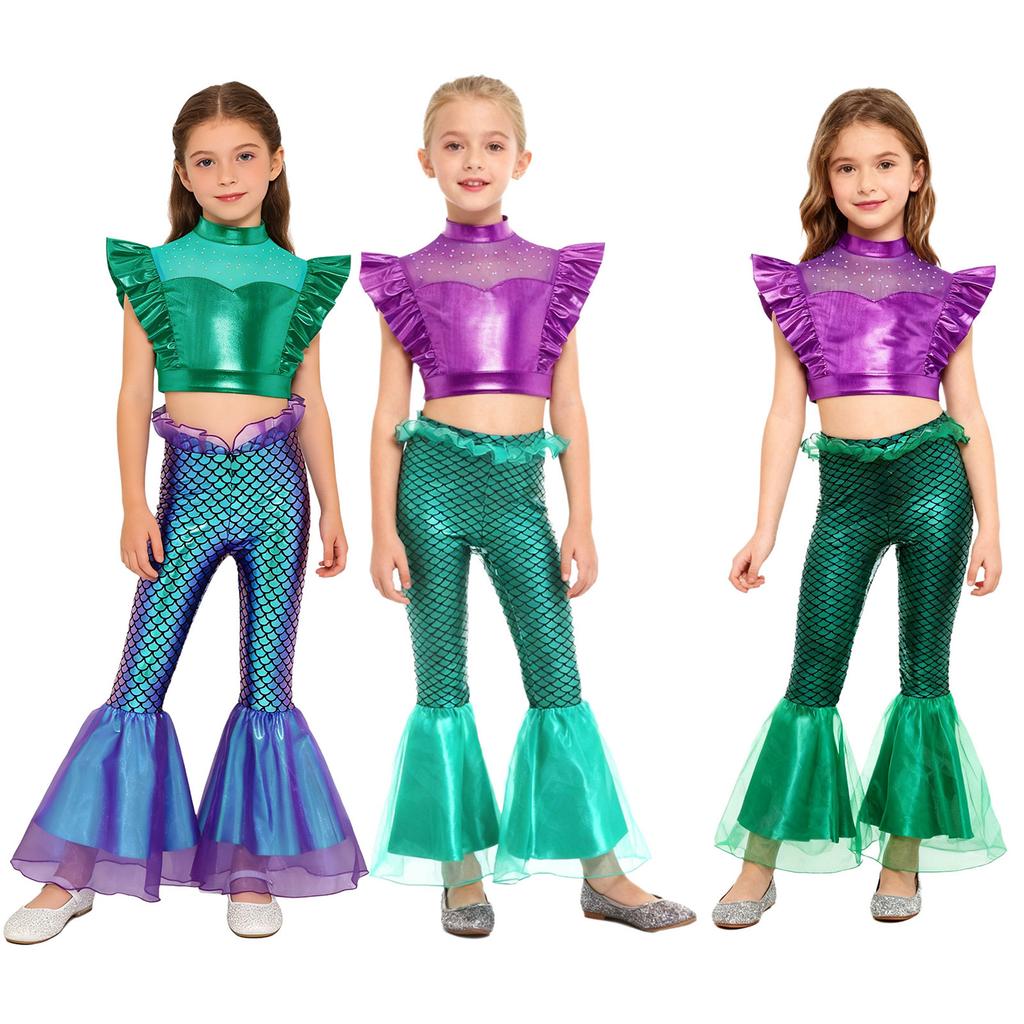 Costume da Sirena per Bambini 2 Pezzi Canotta Metallizzata Senza Maniche con Strass Crop Top Arricciato con Elastico in Vita Pantaloni a Zampa Arricciati Stampa a Squame di Pesce