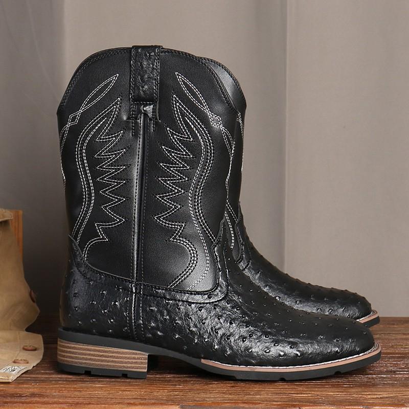 882 Cowboy Boots Men Retro Western Embroidered Martin Fall Casual Round Toe Square Heel High Top