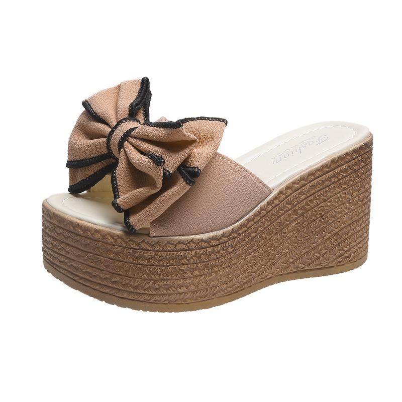 New Summer Women's Plus Size Bow Chunky Sole Wedge Platform One Strap High Heel Casual Outdoor Slide Sandals