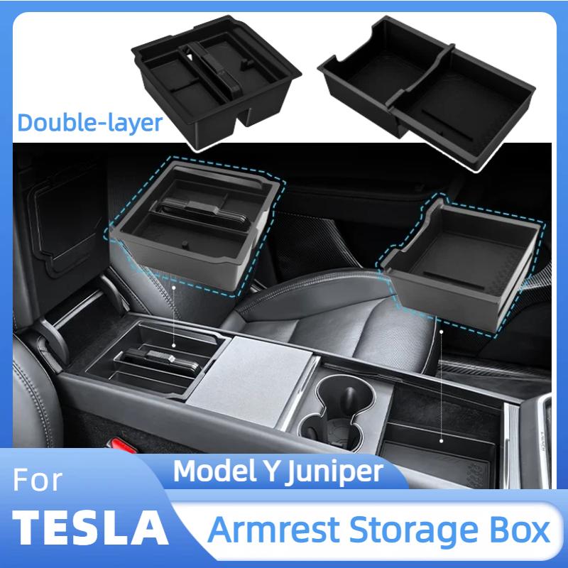 Center Console Armrest Storage Box For Tesla Model Y Juniper Model Y L 2025 2026 ABS Double-layer Organizer Tray Car Accessories