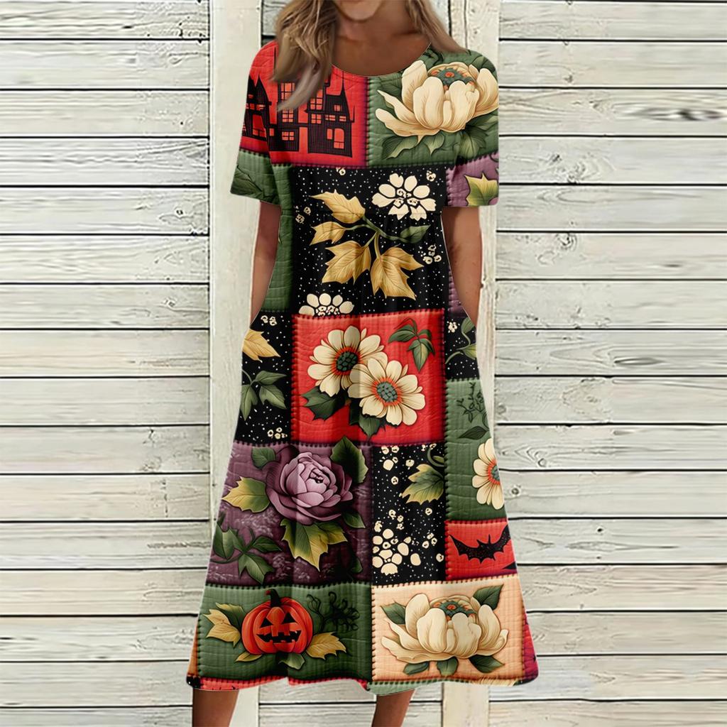 Women's Casual Halloween Printed Dress Short Sleeve Round Neck Pocket Midi Dress Plaid Pattern Comfortable Fit