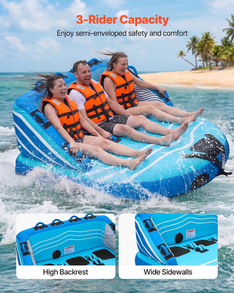 Towable Tubes for Boating, 3-Rider Inflatable Towable Tube for Boat to Pull, 231 kg Capacity Water Sports Boating Tubes - with Full Nylon Cover, Dual