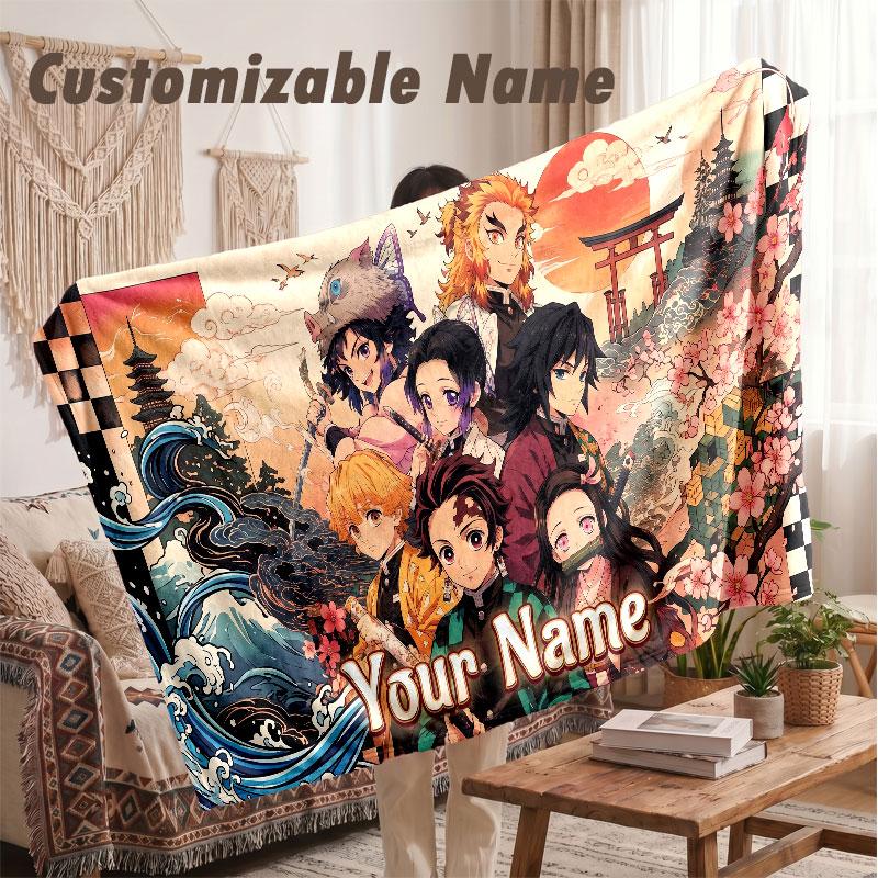 Custom Name Flannel Blanket,Demon Slayer Lightweight Warm Bed Blanket For Couch & Holiday Gift