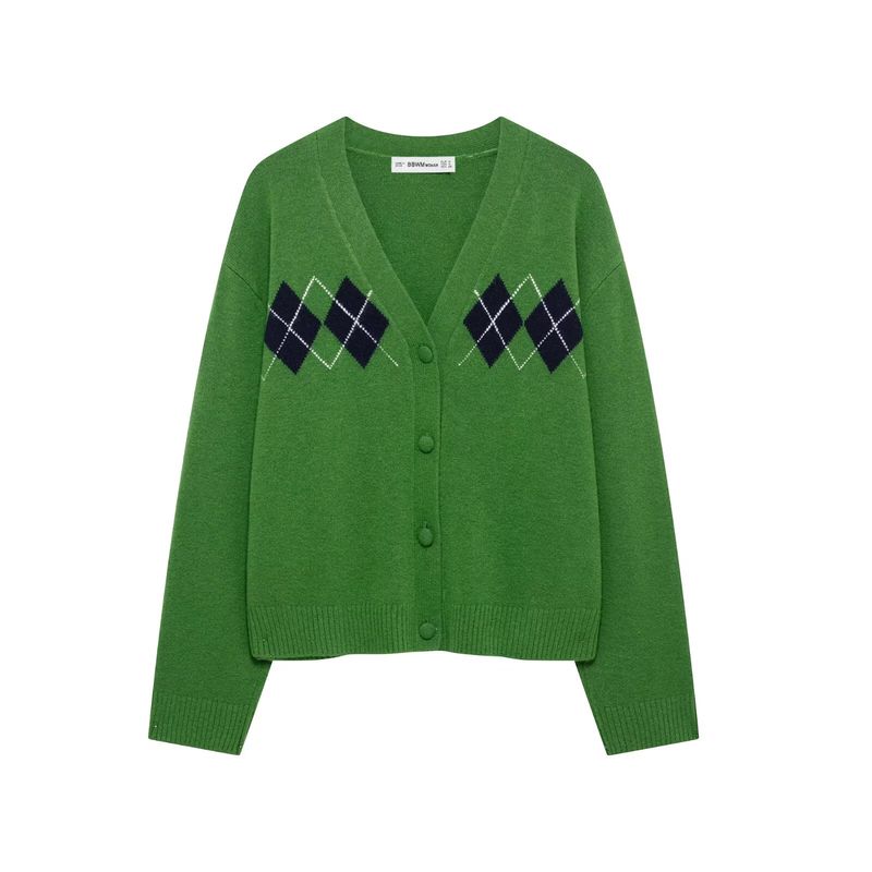 Kaslead New Arrival Women's Clothing Fashion Style Diamond Pattern Minimalist Long Sleeve V-neck Knitting Short Coat 5755019