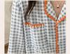 Women's Spring Plaid Cardigan Pajama Set - Shell Collar, Waffle Knit, Faux Cotton, Long Sleeve Casual Homewear