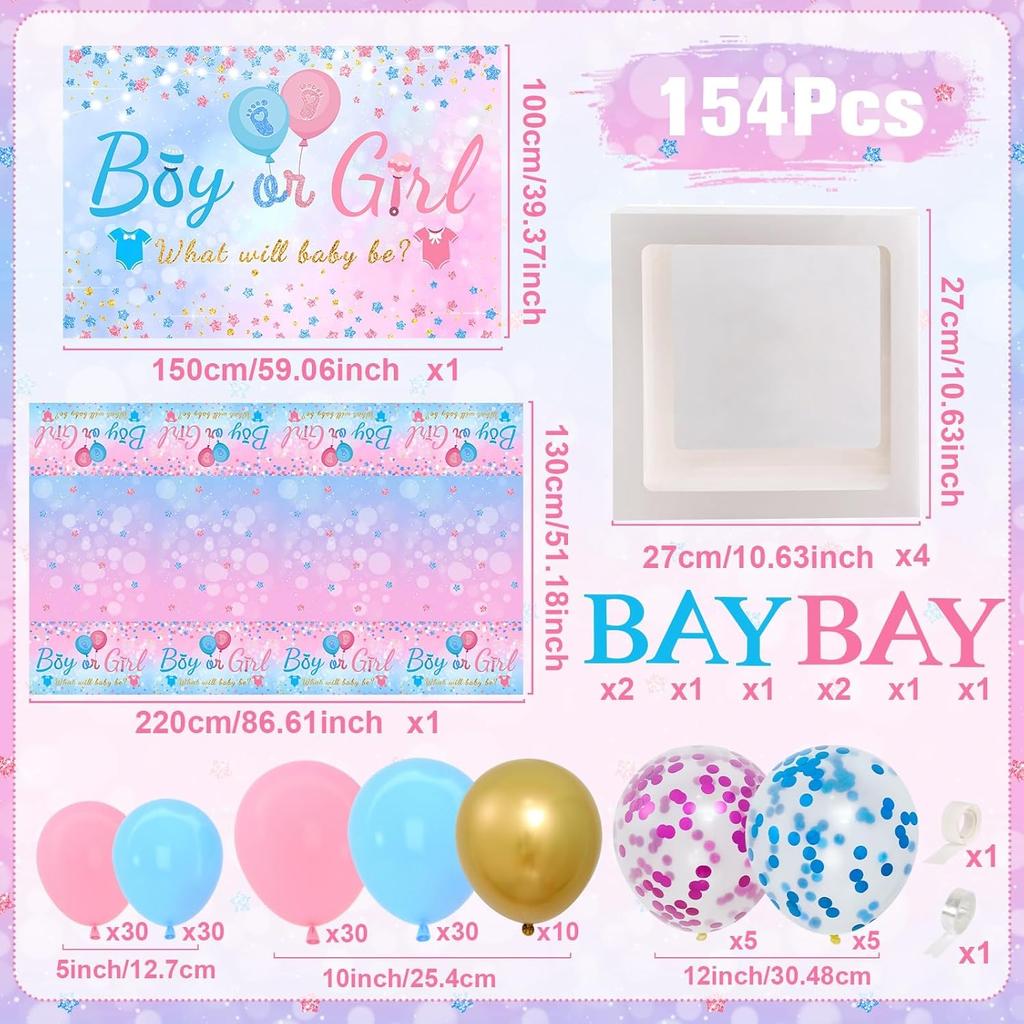 Baby Gender Reveal Party Decorations - Pink Blue Balloon Arch Garland Kits With 4pcs Baby Boxes, Gender Reveal Backdrop and Tablecloths for Baby