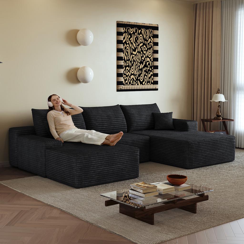270cm Boneless Modular Corner Sofa, with L-Shaped Chaise Longue, with Deep Seat, No Assembly Required, Sofa for Living Room, Bedroom, Apartment, Black