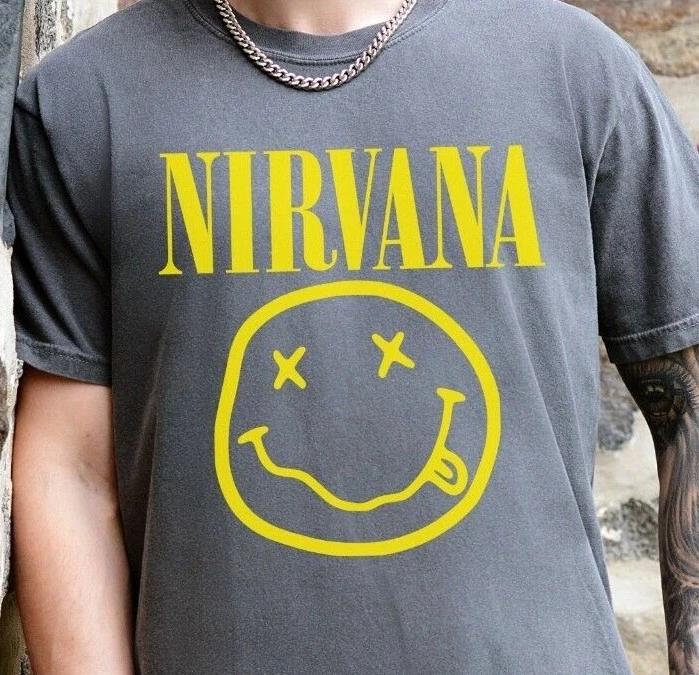 

Футболка с логотипом-смайликом Nirvana, 90-е, рок-группа, винтажная, черная, Comfort Colors, футболка 1717 S