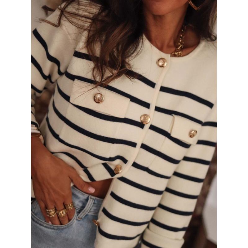 New Autumn and Winter Black and White Striped Button Knitted Cardigan Casual Long-sleeved Sweater for Women