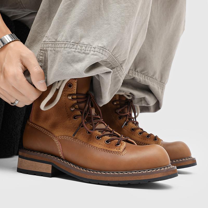 Wanderschuhe Herren Wanderstiefel Britische Dicksohlige Rindsleder High Top Motorradstiefel Knöchel Sportschuhe Lässige Wanderschuhe