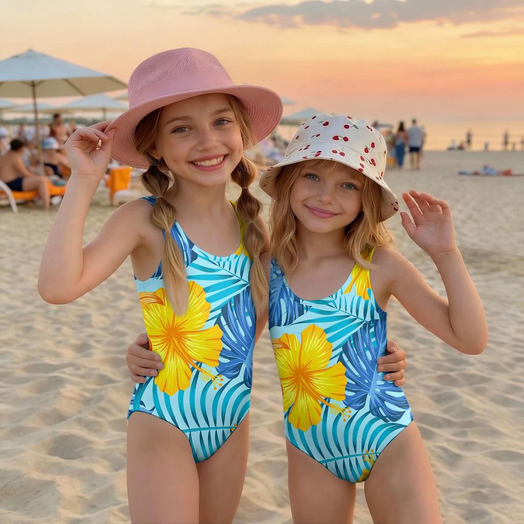Girls One Piece Swimsuit Hawaiian Floral Print Summer Swimwear Kids Casual Beachwear Pool Outfit for Children