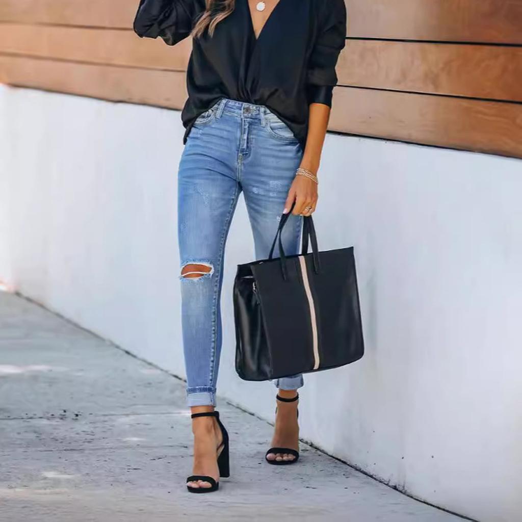 Damen Einfarbige Freizeithose Vielseitige Slim Fit Gerades Bein Jeans mit Löchern