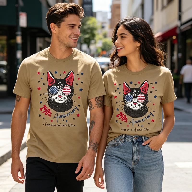 USA 250th Anniversary 17762026 T Shirt Retro American Flag Cat Graphic Tee Unisex Unisex Soft 100 Cotton Crew Neck Short Sleeve
