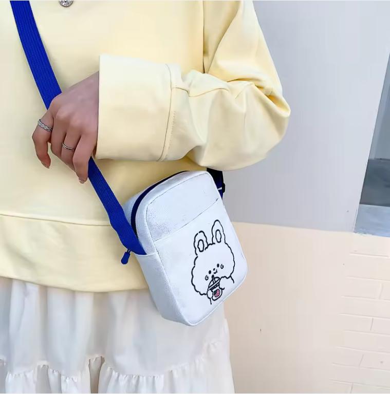 Cute Bear Rabbit Print Crossbody Bags For Women Girls Mini Canvas Square Purse Trendy Cartoon Handbags Shoulder Phone Bag Bolsos