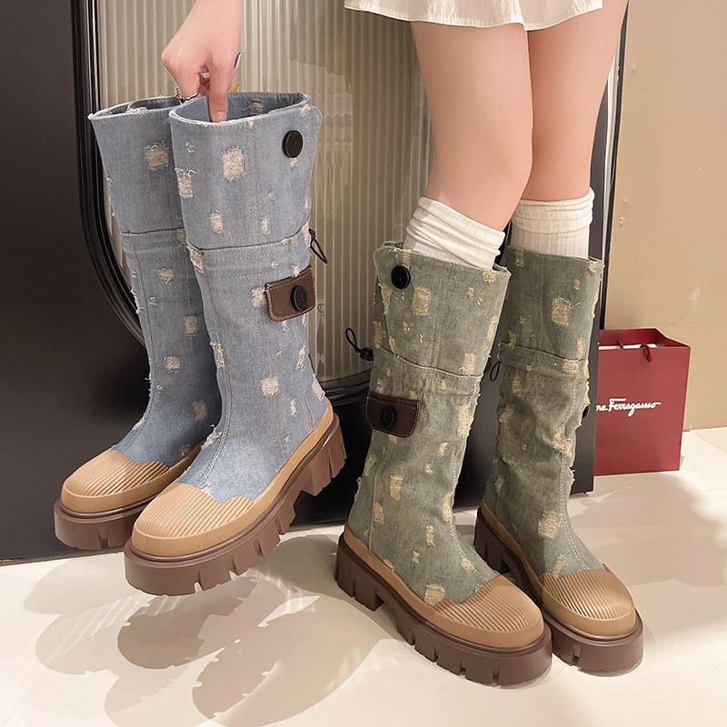 Botas de cano curto plataforma grossa de lona da moda quente para mulheres com zíper e sola grossa, botas de motocicleta femininas com aumento de altura, botas punk de cano médio