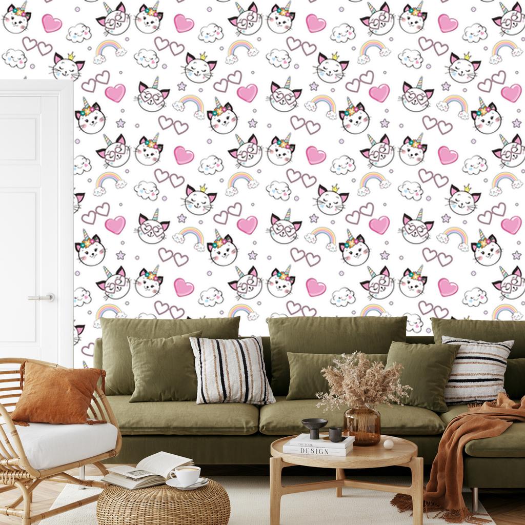 Wallpaper Little Kittens, Hearts and Stars for Living Room and Bedroom 50x1000